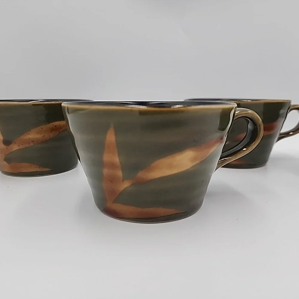 Pier 1 Dakara Hand-Painted Stoneware Tea pot Cups Set Of 4 Green Beige
